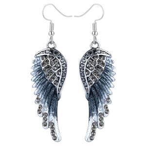 Silver with Charcoal and Clear Gray Crystal Angel Wing Dangle Hook Earrings